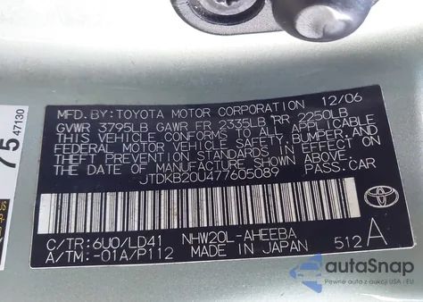 2007 Toyota Prius from USA, damaged, VIN JTDKB20U477605089